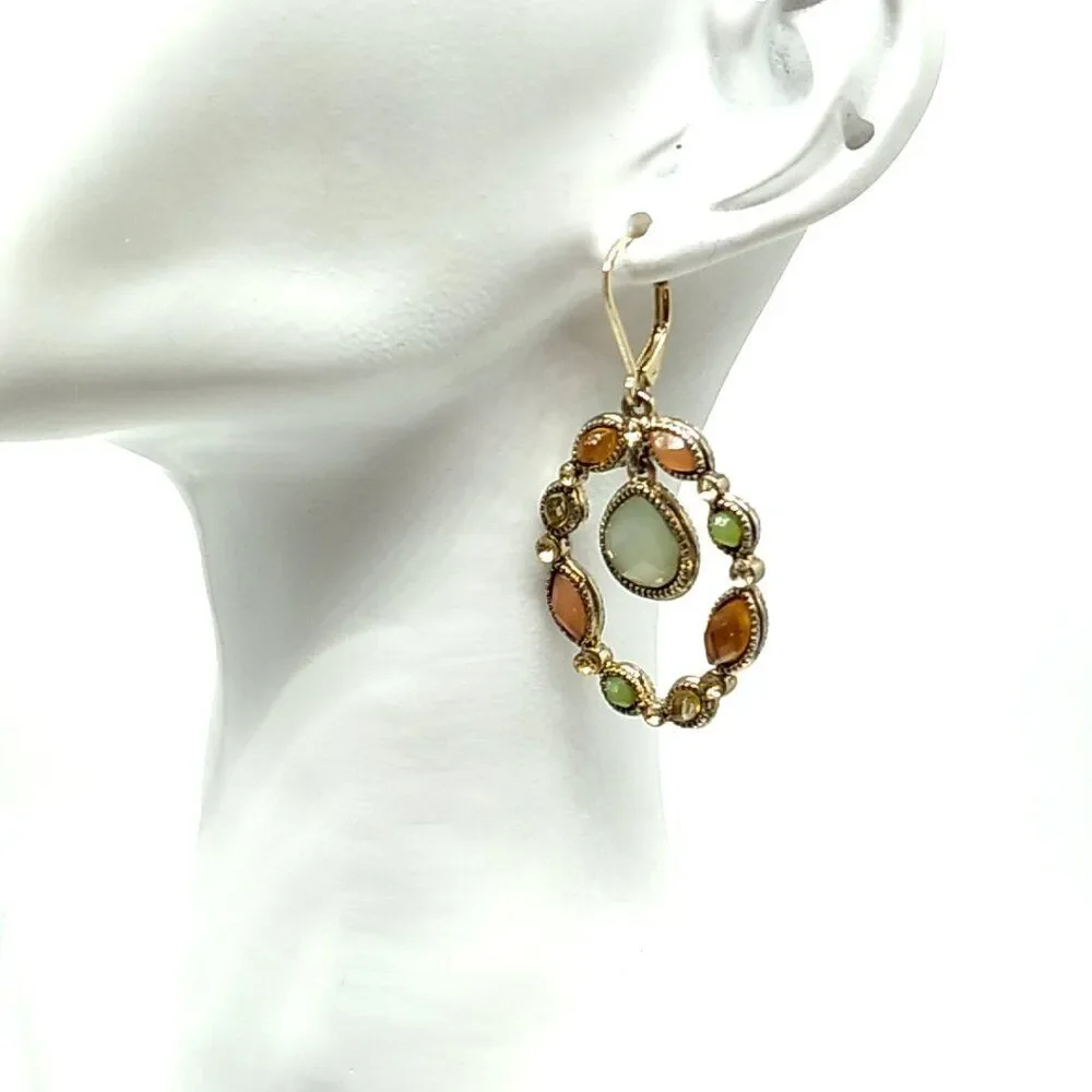 Faceted Oval Jeweled Leverback Earrings w Drop Teardrop Center